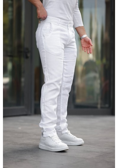 Etiler Collection Erkek Rahat Keten Pantolon Beyaz