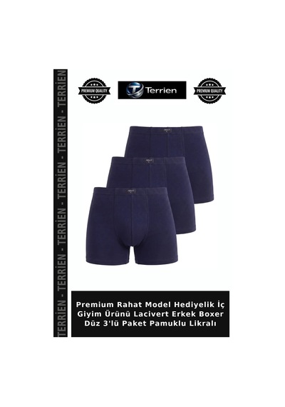 Terrien Premium Rahat Model Hediyelik İç Giyim Ürünü Lacivert Erkek Boxer Düz 3'lü Paket Pamuklu Likralı