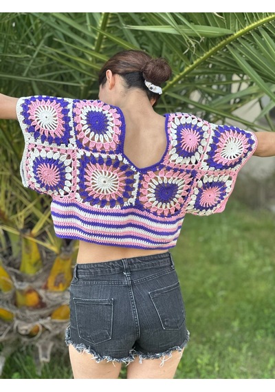 Gönülden Tasarım El Örgüsü Etnik Kadın Crop Bluz Mor
