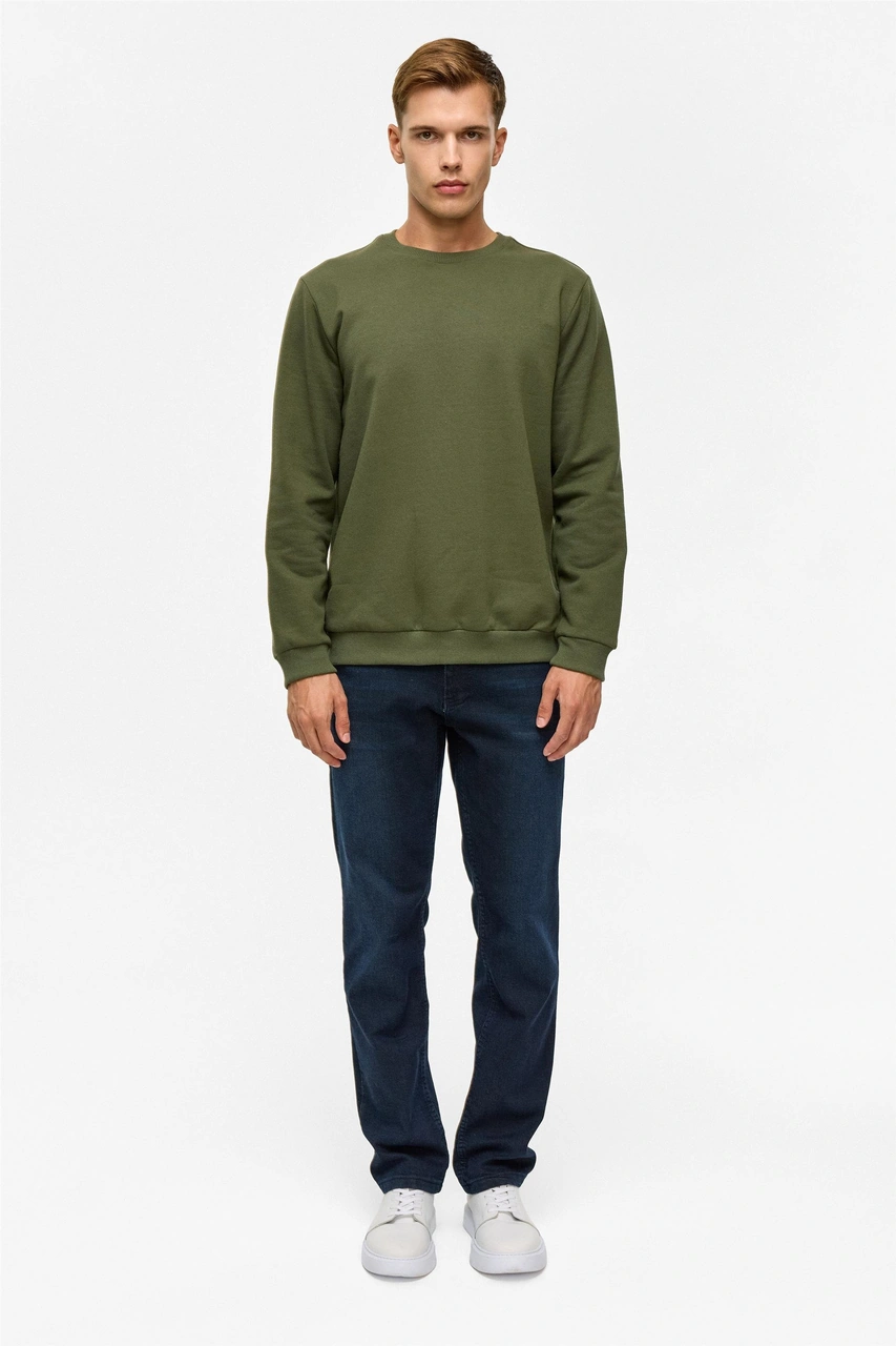 Süvari Haki Regular Düz Bisiklet Yaka Sweatshirt-38801 Haki