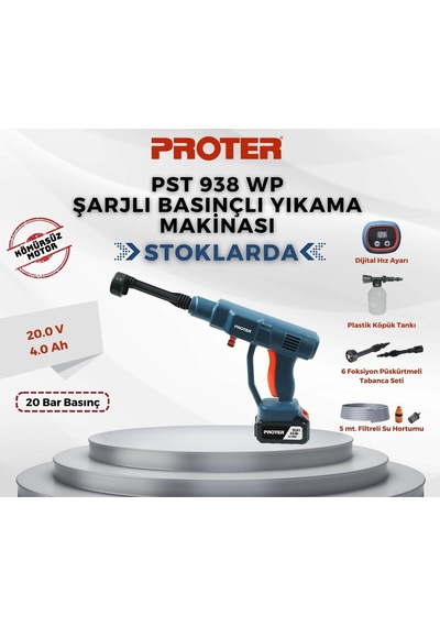 Proter Pst 938 Wp Şarjlı Basınçlı Yıkama Makinası 20 Bar