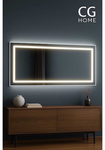 Biga Ledli Ayna, Dekoratif Ayna, Led Ayna, Salon Aynası, Konsol Aynası 144x36 Cm 140 Beyaz