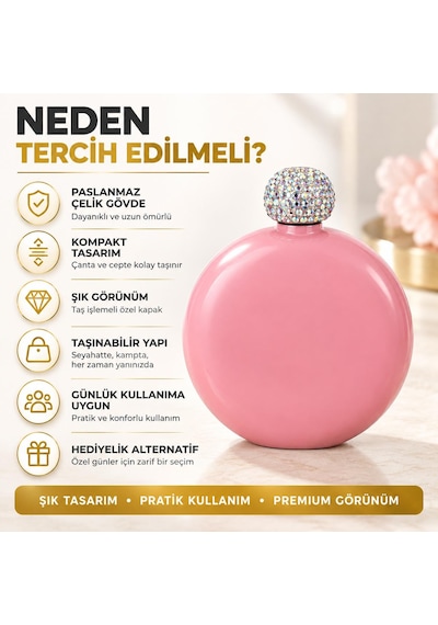 Lüks Taş İşlemeli Renkli Paslanmaz Çelik İçki Matarası 5 Oz 150 Ml. Cep Çanta Kamp Outdoor Hediyelik Pembe