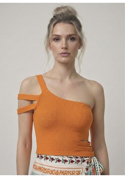 Neden Tekstil Asimetrik Tek Omuz Triko Crop Bluz - Turuncu
