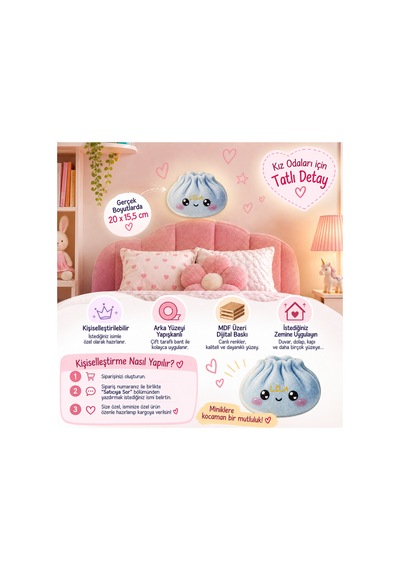 Dumpling Squishy Çin Mantısı Temalı Kişiye Özel Mdf Çocuk Odası Süsü Mavi