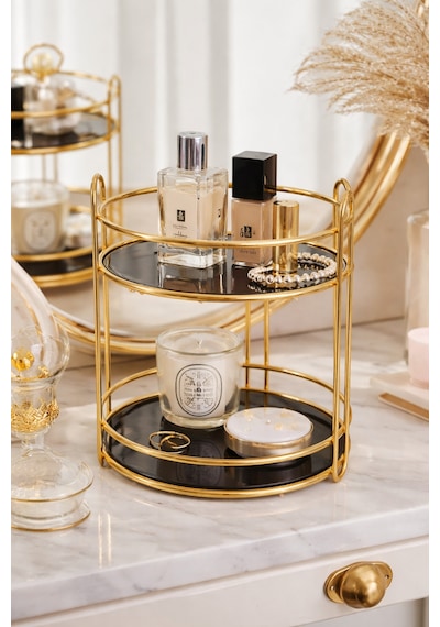 Makri Home 2 Katlı Gold Metal Organizer, Sunumluk, İkramlık , 27,5 Cm Yükseklik, 22,5 Cm Çap Altın - Siyah