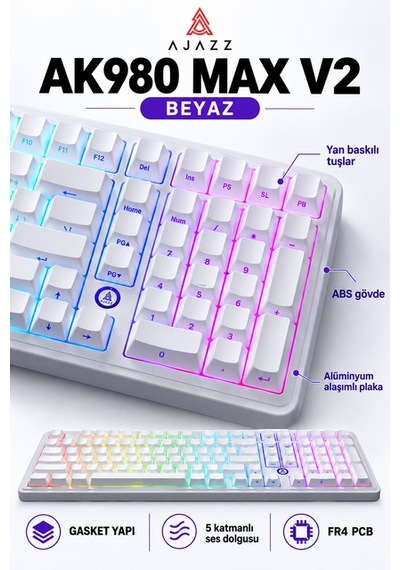 Ajazz Ak980 Max V2 8000 Hz Manyetik Rgb Oyuncu Klavyesi Beyaz Meow Meow