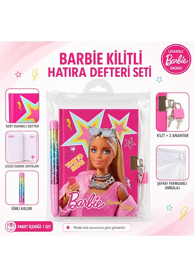 Bakgelal Barbie Kilitli Hatıra Defteri Seti Kalemli Günlük Defter, Kilit Ve Çocuk Kırtasiye Seti - 9080554717457 Çok Renkli