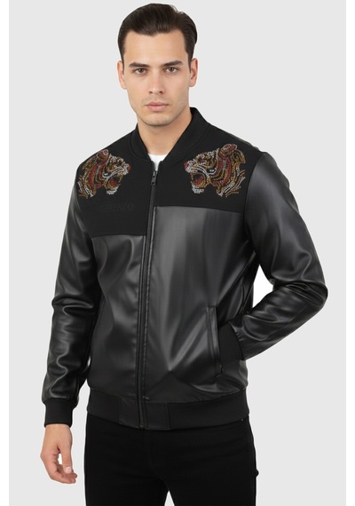 Rizzup Siyah Kaplan Taş Detaylı Slim Fit Likralı Kolej Yaka Erkek Suni Deri Ceket 2600927