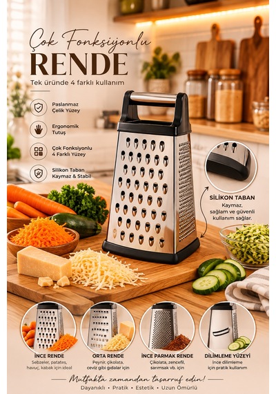 Porsima Lm-4023 Razzo 4 Fonksiyonlu Paslanmaz Çelik Rende İnce, Orta, Parmak Ve Dilimleme Yüzeyli Silikon Tabanlı Metal Rende-20 Cm Inox