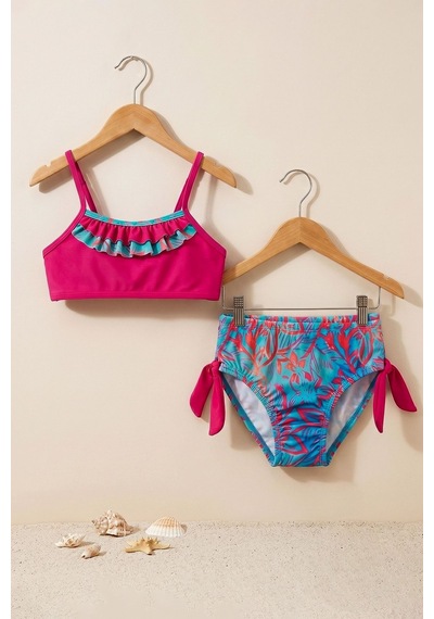 Zuzunga Kız Çocuk Renkli Tropik Desen Bikini Takımı Fuşya-mavi