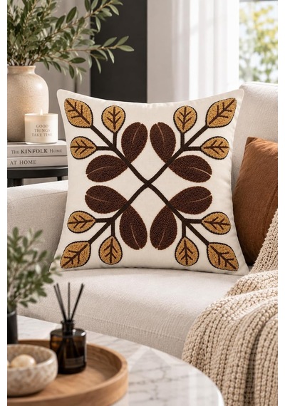 4'lü Set Çiçekli Dekoratif Kırlent Kılıfı 43x43 Cm, 3d Efektli Dijital Baskılı - Monokrom Yapraklar Çok Renkli