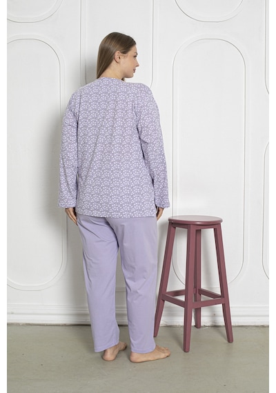 SEBOTEKS %100 Pamuklu Uzun Kollu Boydan Düğmeli Büyük Beden Kadın Pijama Takımı 206 Lila