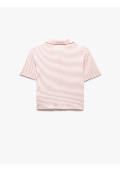 Koton Viskon Kumaş Karışımlı Pötikare Fermuarlı Kısa Kollu Crop Polo Yaka Tişört Pembe Çizgili 5sak50007ek Pembe Çizgili Pembe