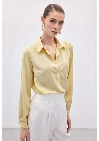 Sateen Düz Klasik Gömlek - Sarı-136999 sarı