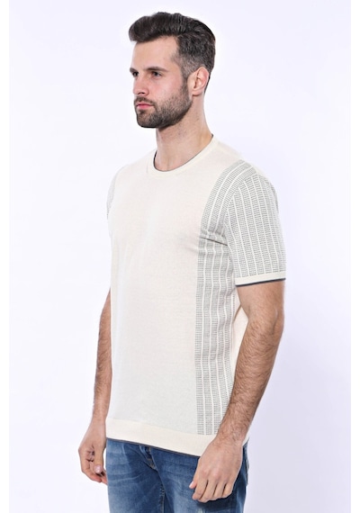 Yake Store Bisiklet Yaka Kenarları Desenli Krem Örme T-shirt Wessi - Krem Beyaz