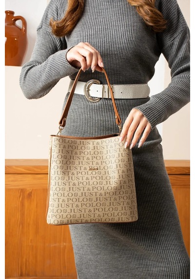 Just Polo Kadın Monogram Baskılı El Ve Omuz Çantası Ebat 25 X 25 Vizon Taba