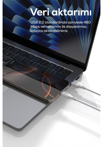 Usb-a To Lightning Hızlı Şarj Kablosu 12w 2.4a, 480mbps, 1.2m, İphone, İpad Uyumlu Beyaz-v205002