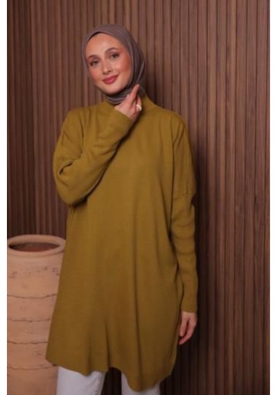 Balenbi Kadın Dik Yaka Basic 80cm Salaş Oversize Triko Tunik 1145 Hardal