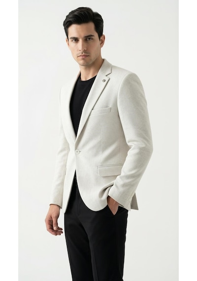 Plus Scorpion Erkek Karyağdı Desenli Slim Fit Blazer Ceket Siyah & Bej Şık Günlük Ve Ofis Kombin Bej