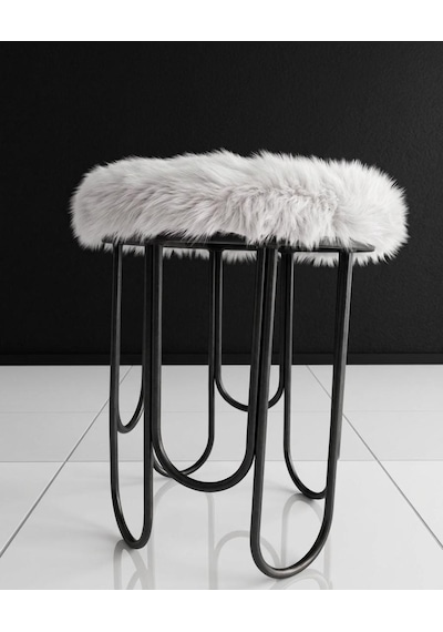Destan Beyaz Peluş Kumaş Metal Puf Siyah