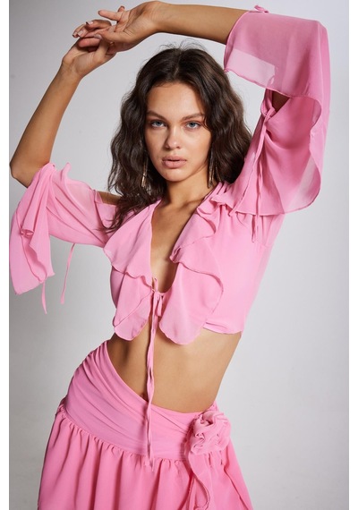 Holly Lolly Fırfırlı Şifon Carmen Bluz Pembe