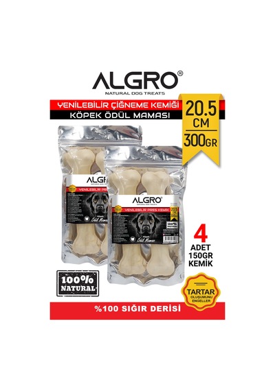 Algro Doğal Sığır Derisi Köpek Ödül Kemiği 20.5 CM 2 x 300 G