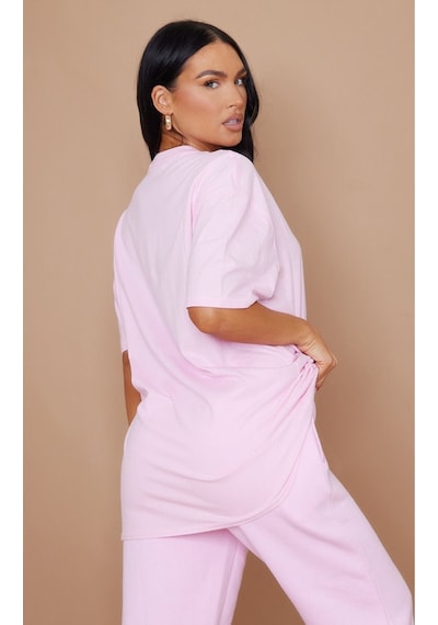 Düz Süprem T-shirt - Pembe Oversize Bisiklet Yaka Kısa Kol Tişört Pembe