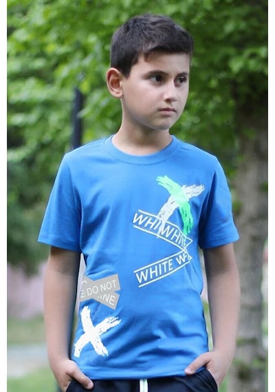 Fyk Kids Yuvarlak Yaka Baskılı Sıfır Yaka T-shirt Mavi