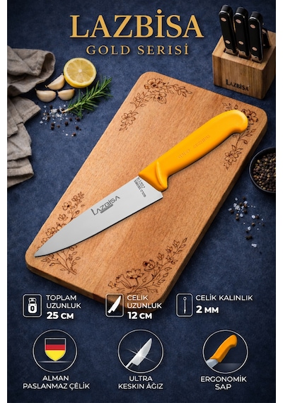 Lazbisa Mtf-010 Gold Serisi Mutfak Bıçak Seti Et Ekmek Sebze Bıçağı 2 Li Set Günlük Kullanım Sarı