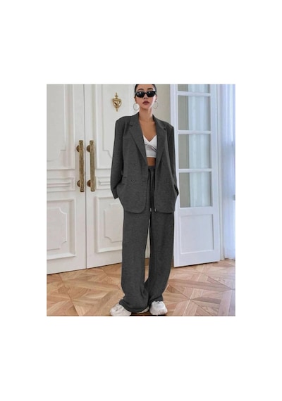 Mayrem Kadın Oversize Blazer Ceketli Rahat Gri Eşofman Takım Gümüş