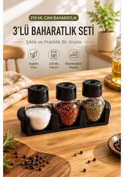 Porsima L-00372 Plastik Standlı 3'lü Baharatlık Takımı Tuzluk Siyah