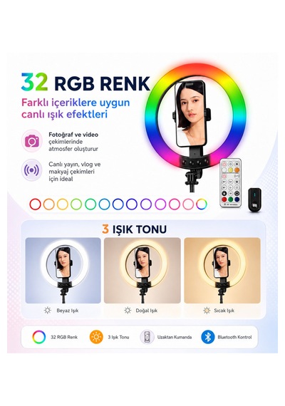 1,9 Metre Rgb Halka Işık Selfie Çubuğu Ve Tripod, 32 Renkli Led Ring Light, Bluetooth