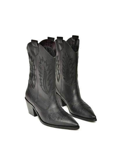Fox Shoes T267655009 Siyah Kalın Topuklu Kadın Bot Siyah-Suni Deri Siyah