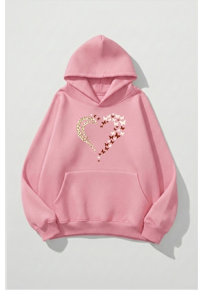 Uyguntarz Unisex Yumuşak Dokulu Kelebek Leoparlı Kalp Baskılı Tasarım Oversize 3 İplik Hoodie Sweatshirt Pembe