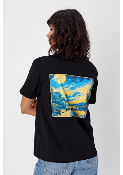 Yapay Zeka Tasarım Sırt Aplike Özel Baskılı %100 Pamuklu Penye Regular Fit T-shirt Vangogh SIYAH