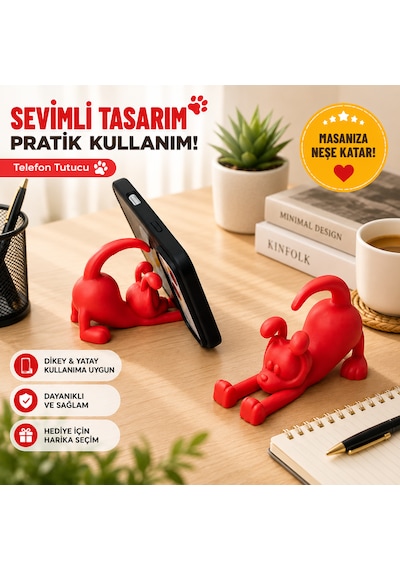 Sevimli Köpek Tasarımlı Telefon Tutucu Masaüstü Telefon Standı Dekoratif Akıllı Telefon Standı Kırmızı