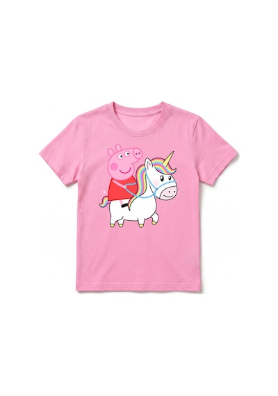 Urbantrendstore Peppa Pig Temalı Unisex Kız Çocuk Erkek Çocuk Bisiklet Yuvarlak Yaka Basic Kısa Kollu %100 Pamuk Tişört Pembe