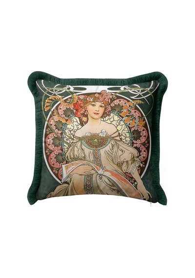 Art Nouveau Saçaklı Yastık Kılıfı - Romantik Kadın Figürü Bohem Yeşil Püsküllü Kırlent Kılıfı Çok Renkli