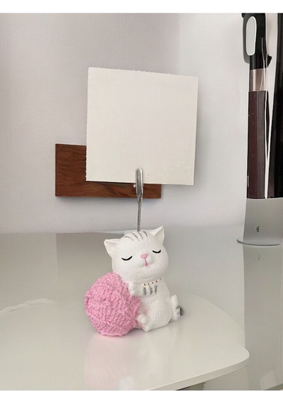 Yumak Tutan Kedi Not - Fotoğraf Tutuculu Biblo Obje Beyaz Pembe