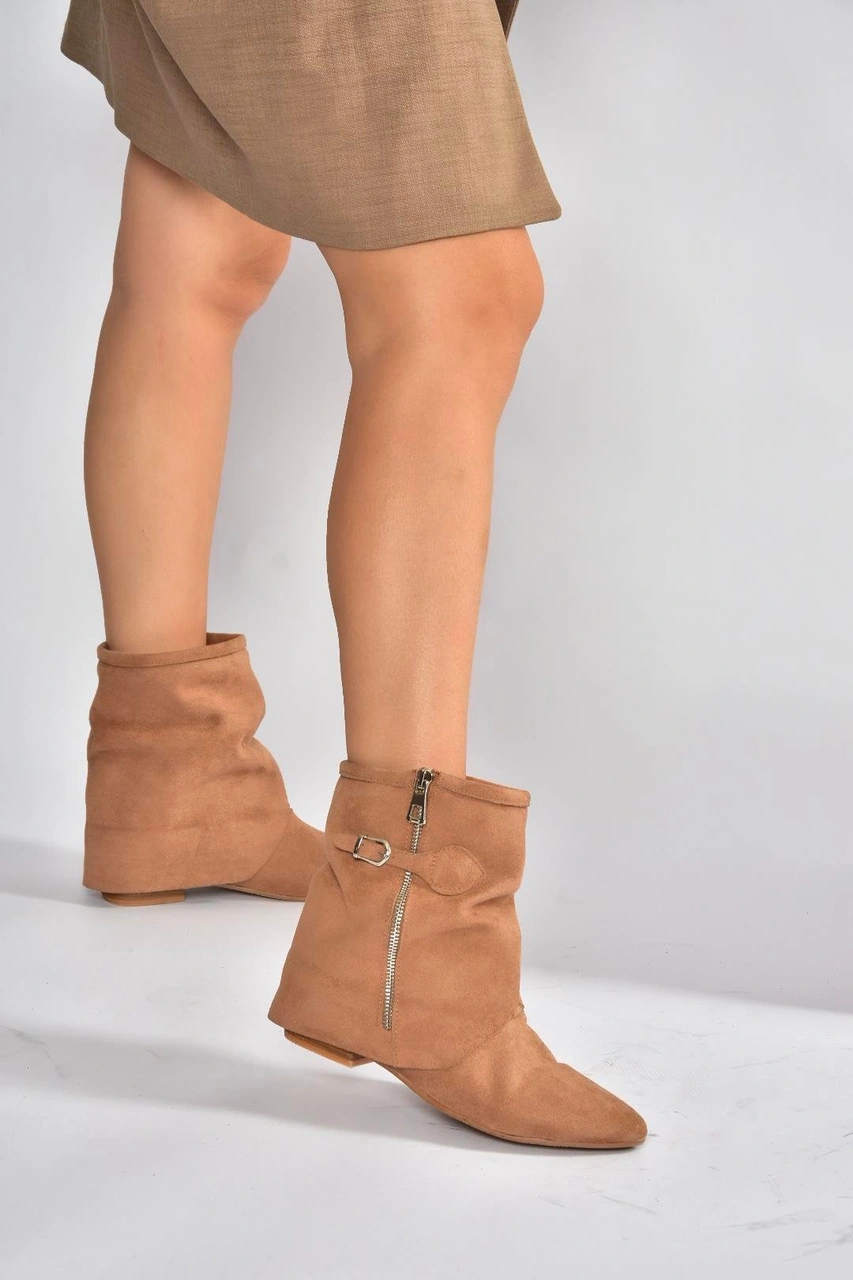 Fox Shoes V380518102 Taba Süet Düz Taban Fermuar Detaylı Kadın Bot Taba-Süet