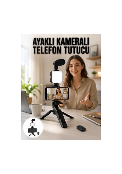 Telefon Tutucu Led Işıklı Kumandalı Mikrofon Telefon Vlog Video Kayıt Yeni Nesi - Hs08371126-5 Renkli