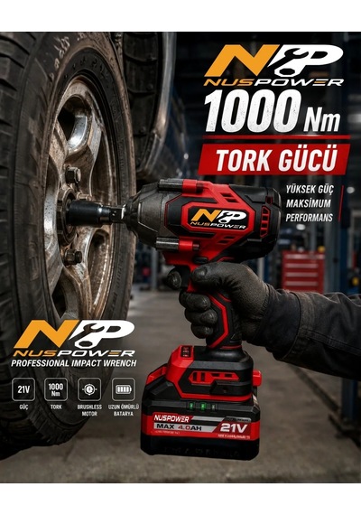 Nuspower 1000 Nm Kömürsüz Somun Sıkma Makinesi 21v 10 Pilli Profesyonel Darbeli Vidalama Kırmızı
