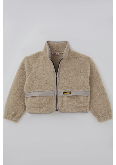 Orko Kız Çocuk Peluş Crop Hırka Kontrast Şerit & Dekoratif Yazı Arma Detaylı Fermuarlı 10-16 Yaş , Bej