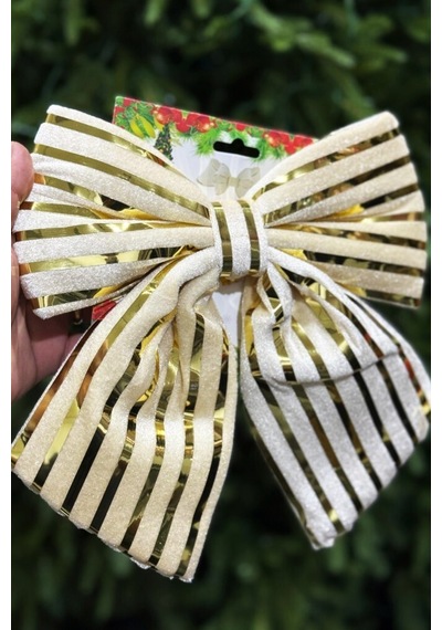 Beysüs Yılbaşı Ağacı Süsü 26 Cm Krem Gold Çizgili Dekoratif Fiyonk Diğer