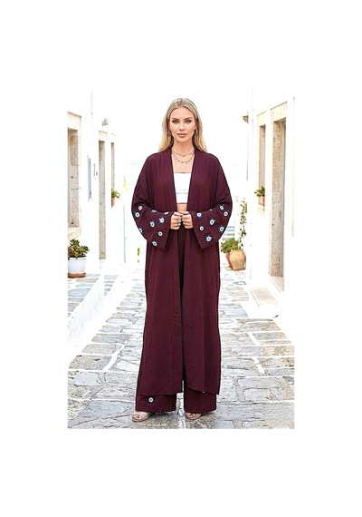 Genel Bordo Mavi Boncuk Kimono Pantolon Takım