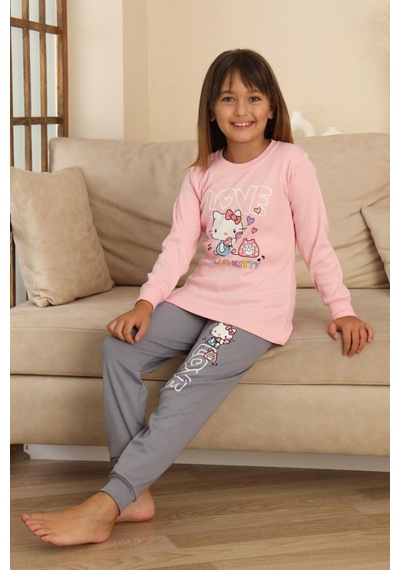 Miniğimin Cicileri Hll Kty Love Baskılı Kız Çocuk Pijama Tak... Pembe