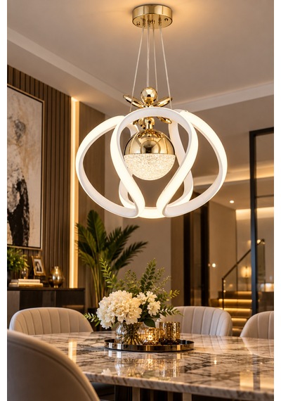 Defne Modern Gold Beyaz Ledli Avize Yatak Odası - Hol - Salon Beyaz Beyaz