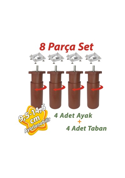 4 Adet Destek Ayağı 9,5-14,5 Cm Kahverengi Ve 4 Adet Metal Düz Ayak Tabanı M8 Civatalı İnce Diş Mobilya Kanepe Baza Koltuk Seti