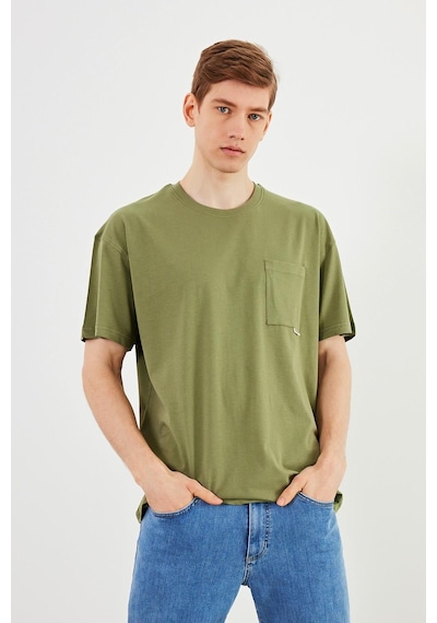 Leo Erkek Oversize Tshirt %100 Pamuk Cep Detaylı Bisiklet Yaka Basic Tişört Mtlce75 Haki